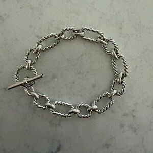 David Yurman Cushion Link Silver Bracelet With Blue Sapphire Detail - 7.5” long